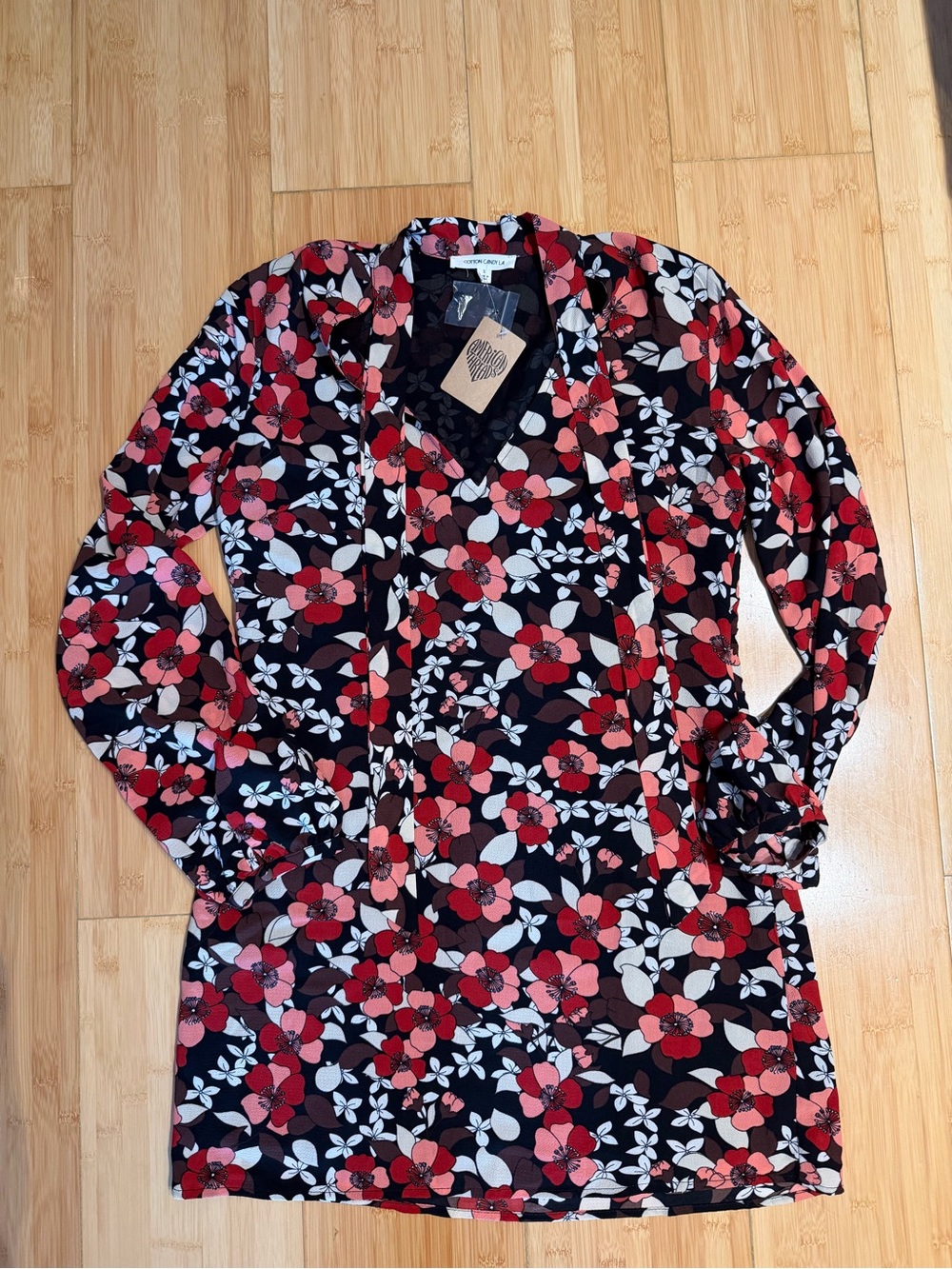 Cotton Candy LA Black Floral V-Neck Tunic with Red & White Flowers